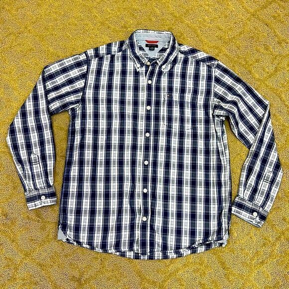 GORGEOUS Tommy Hilfiger Boys Large 14/16 Blue Grey White Plaid Button Down Shirt - Picture 3 of 12